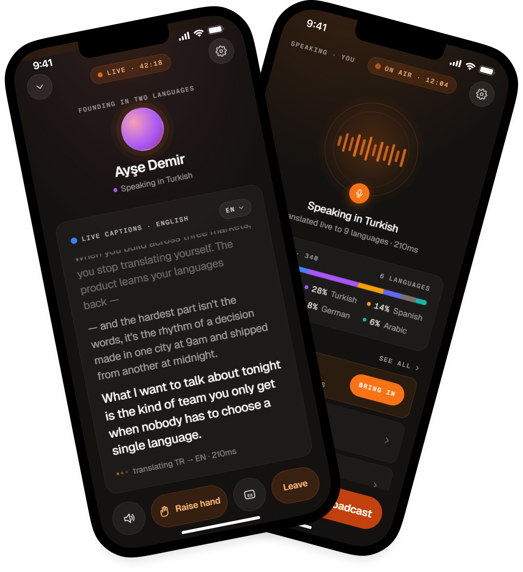 MIA — listener phone showing live captions in English next to speaker phone broadcasting in Spanish to twenty-three languages